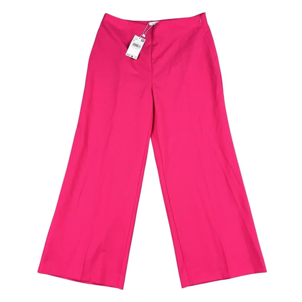 NWT Mango Womens Straight Culotte Cropped High Rise‎ Hot Pink Trousers Sz 10